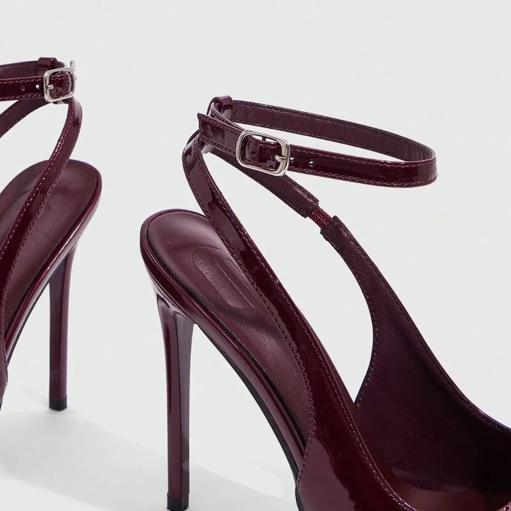Burgundy Sexy Women's Pointed Toe Stiletto High Heel Ankle Strap Backless Pumps - Picture 8 of 10